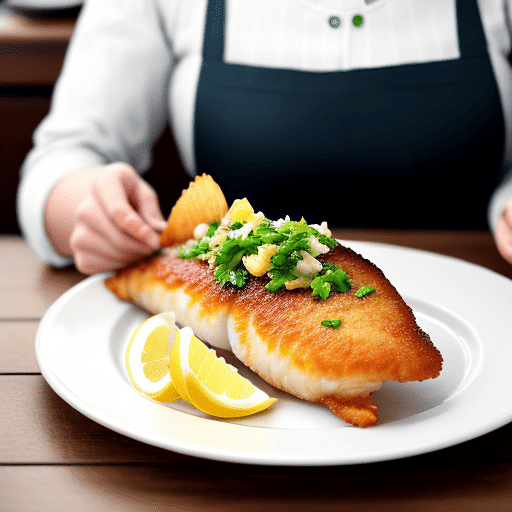 "Crispy and Golden Fish Fry Plated on White Ceramic Dish, Garnished with Fresh Parsley and Lemon Slices on Rustic Wooden Table."