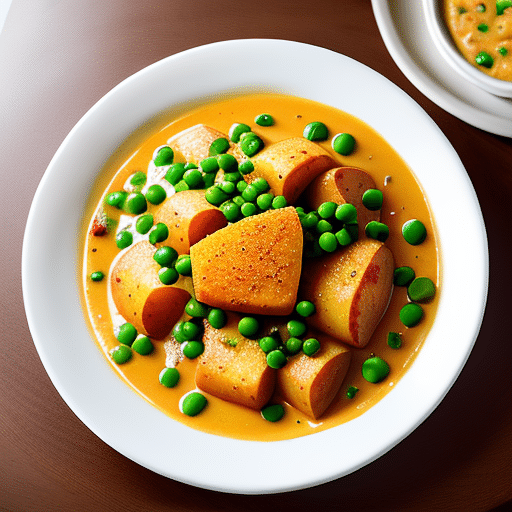 Alt Text: Aloo Matar, a delicious Indian curry made with potatoes and green peas, served in a vibrant tomato-based gravy.