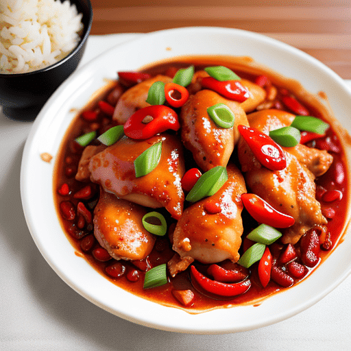 A mouthwatering plate of Chilli Chicken, showcasing succulent golden-brown chicken pieces immersed in a luscious reddish-brown sauce, garnished with vibrant bell peppers, onions, and fiery green chilies,