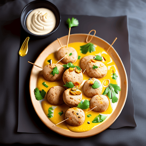 An appetizing display of Chicken Malai Tikka, showcasing tender chicken pieces marinated in creamy yogurt and spices. The dish is presented on a wooden platter, accompanied by mint chutney and onion rings
