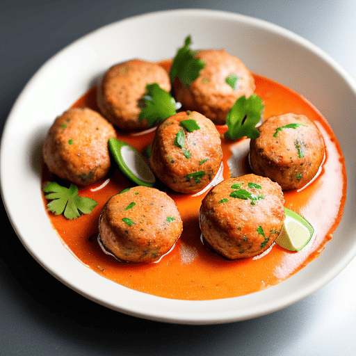 A succulent plate of chicken kofta, beautifully garnished with fresh cilantro and served with fragrant basmati rice and a side of tangy tamarind chutney.