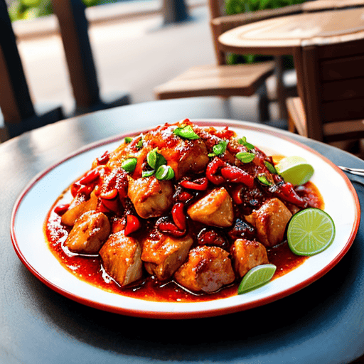 A plate of sizzling Chicken Chilly, showcasing succulent pieces of golden-brown chicken coated in a flavorful red sauce, garnished with colorful bell peppers and fresh cilantro.