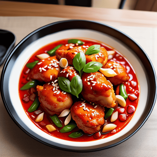 A tantalizing plate of Chilli Chicken with golden-brown bite-sized chicken pieces, smothered in a rich reddish-brown sauce, adorned with colorful bell peppers, onions, and green chilies, promising an explosion of flavors.