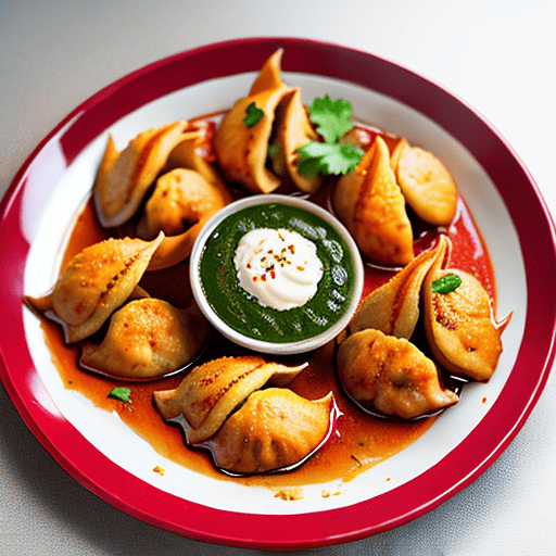 "A delightful ensemble of Chicken Tandoori Momos, garnished with fresh herbs, ready to be savored